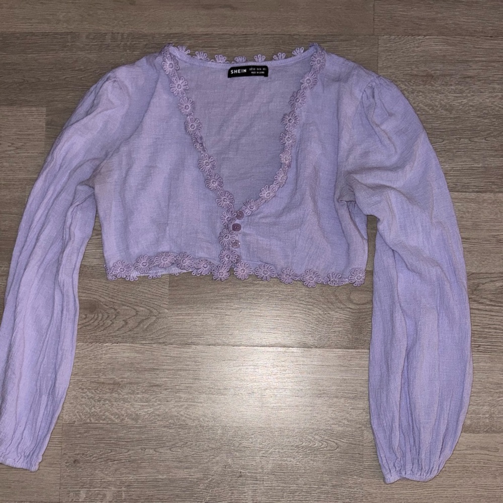 SHEIN Lavender Lace Trim Flower Blouse